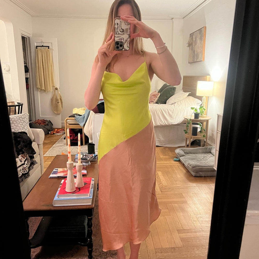 Colorblock Slip Dress in Lime and Tan